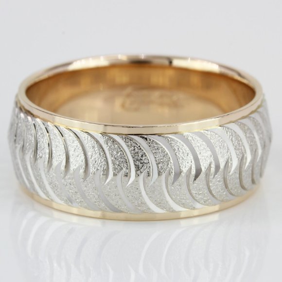 14k Two-Tone Gold Guilloché Etched Fancy Carved Wedding Band Ring